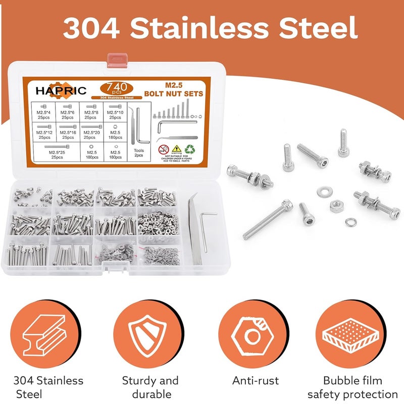 Hapric 740 Pcs M2.5 Screws Kit M2.5 Screw Assortment Nuts and Bolts Assortment Kit Metric Machine Screw Kit, 304 Stainless Steel Hex Socket Head Screws Nuts Bolts and Washers Set - Image 4